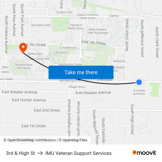 3rd & High St to IMU Veteran Support Services map