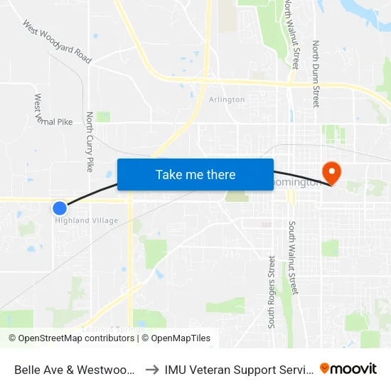 Belle Ave & Westwood Dr to IMU Veteran Support Services map