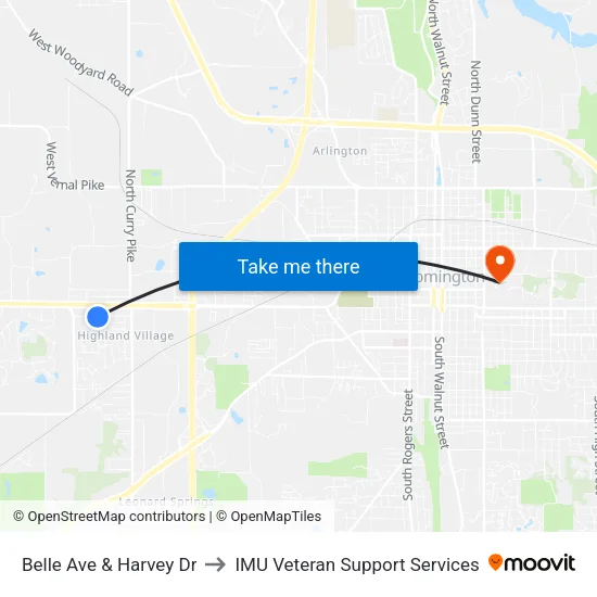 Belle Ave & Harvey Dr to IMU Veteran Support Services map