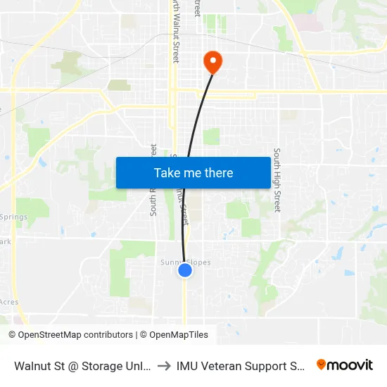 Walnut St @ Storage Unlimited to IMU Veteran Support Services map