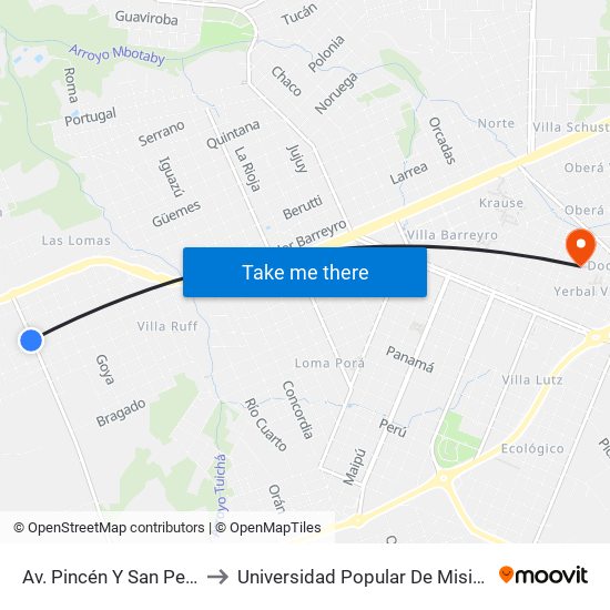 Av. Pincén Y San Pedro to Universidad Popular De Misiones map