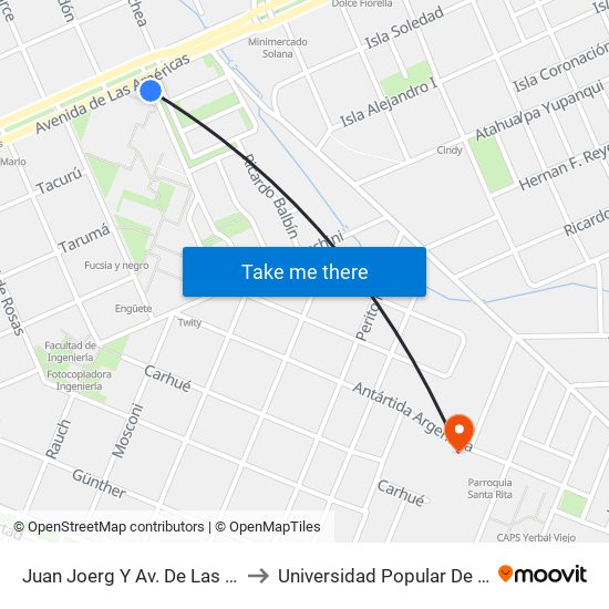 Juan Joerg Y Av. De Las Américas to Universidad Popular De Misiones map
