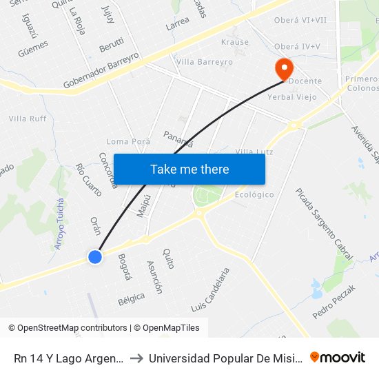 Rn 14 Y Lago Argentino to Universidad Popular De Misiones map