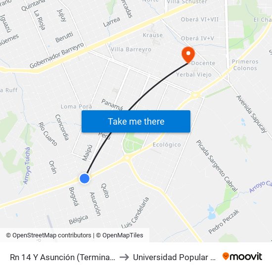 Rn 14 Y Asunción (Terminal De Ómnibus) to Universidad Popular De Misiones map