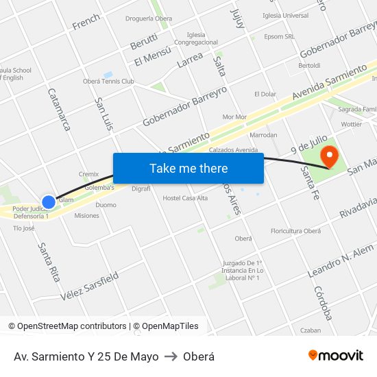 Av. Sarmiento Y 25 De Mayo to Oberá map