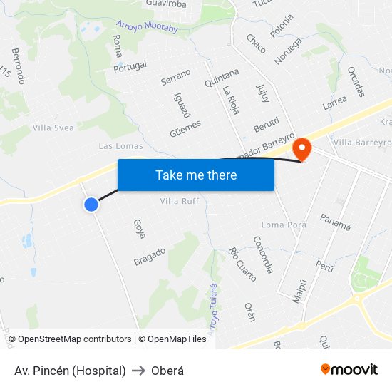 Av. Pincén (Hospital) to Oberá map