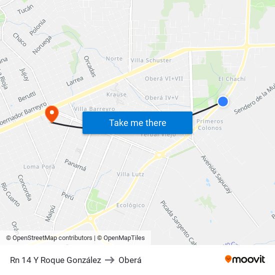 Rn 14 Y Roque González to Oberá map