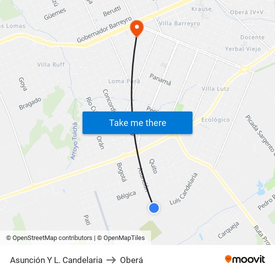 Asunción Y L. Candelaria to Oberá map
