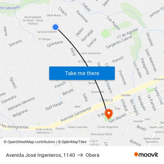Avenida José Ingenieros, 1140 to Oberá map