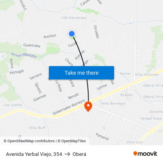 Avenida Yerbal Viejo, 354 to Oberá map