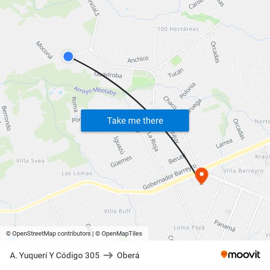 A. Yuquerí Y Código 305 to Oberá map