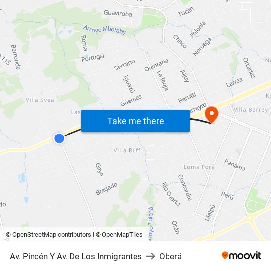 Av. Pincén Y Av. De Los Inmigrantes to Oberá map