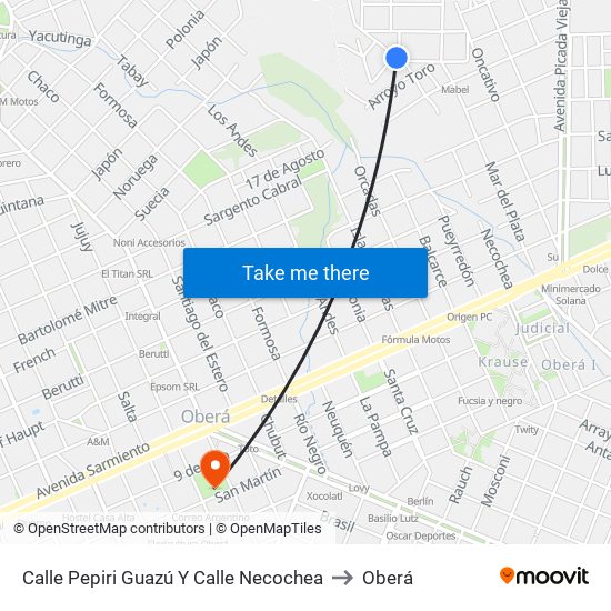 Calle Pepiri Guazú Y Calle Necochea to Oberá map