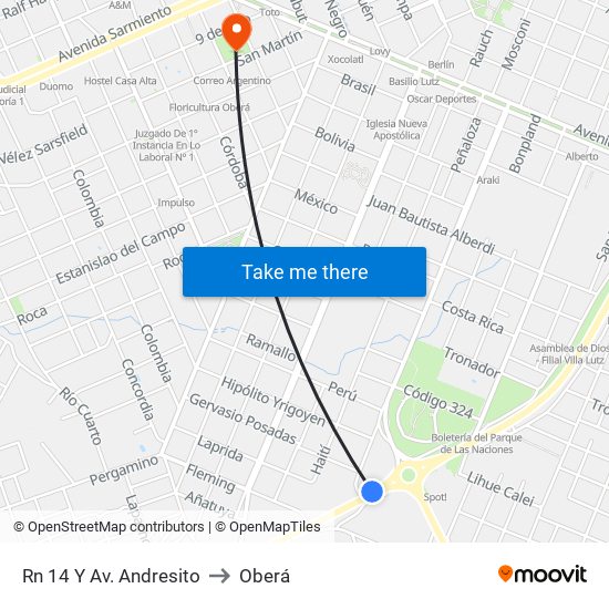 Rn 14 Y Av. Andresito to Oberá map