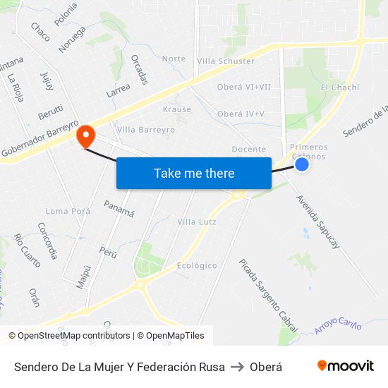 Sendero De La Mujer Y Federación Rusa to Oberá map