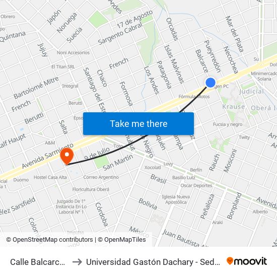 Calle Balcarce, 72 to Universidad Gastón Dachary - Sede Oberá map