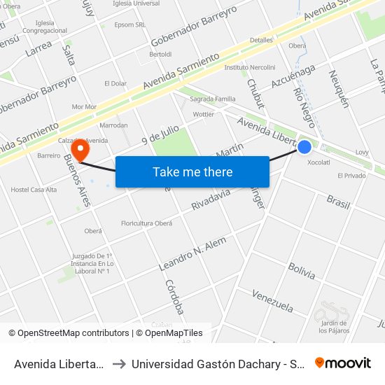 Avenida Libertad, 320 to Universidad Gastón Dachary - Sede Oberá map