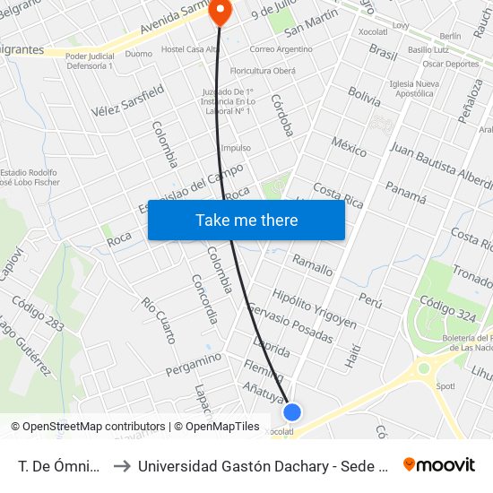 T. De Ómnibus to Universidad Gastón Dachary - Sede Oberá map