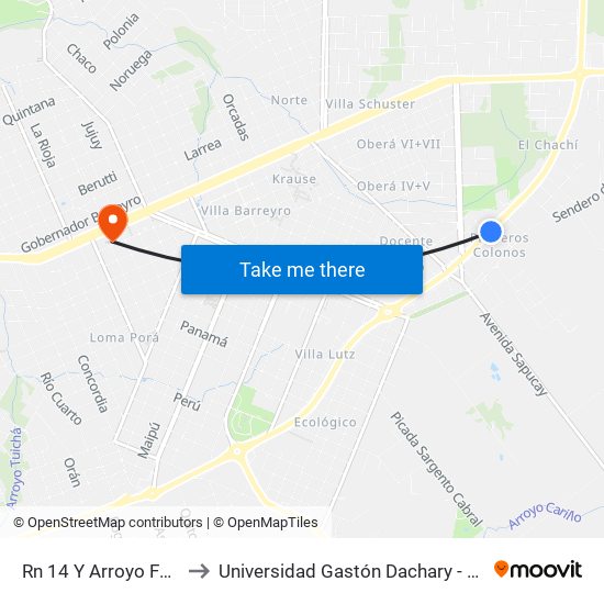 Rn 14 Y Arroyo Fortaleza to Universidad Gastón Dachary - Sede Oberá map