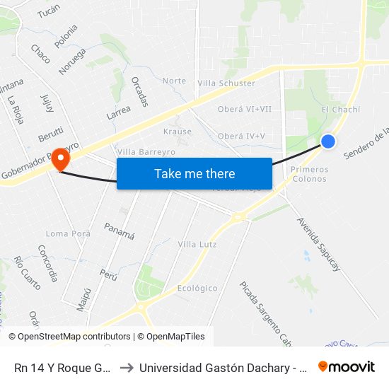 Rn 14 Y Roque González to Universidad Gastón Dachary - Sede Oberá map