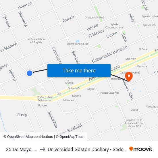 25 De Mayo, 174 to Universidad Gastón Dachary - Sede Oberá map