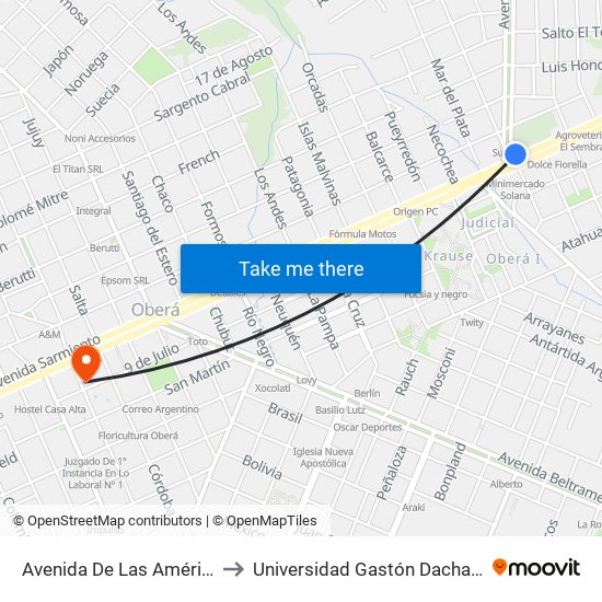 Avenida De Las Américas, 516-602 to Universidad Gastón Dachary - Sede Oberá map