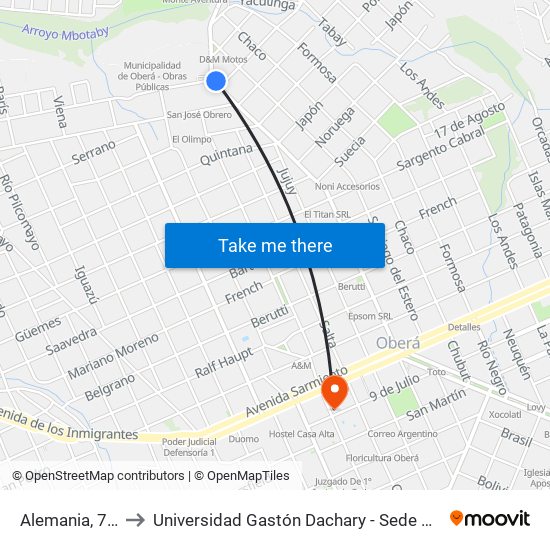 Alemania, 790 to Universidad Gastón Dachary - Sede Oberá map