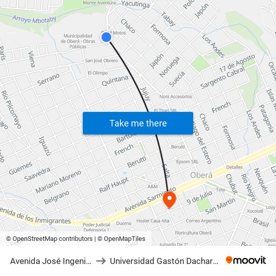 Avenida José Ingenieros, 1286 to Universidad Gastón Dachary - Sede Oberá map