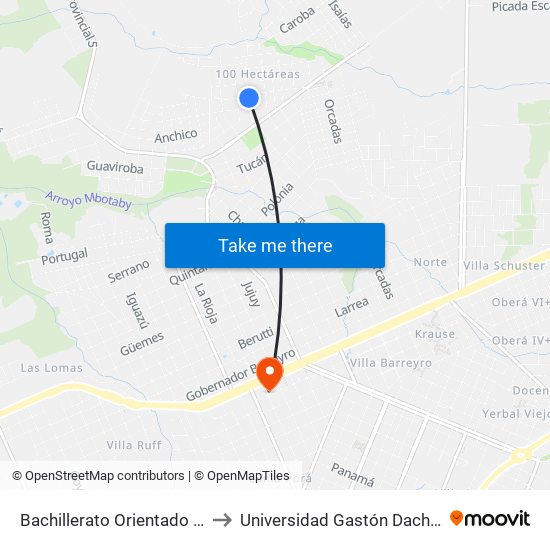 Bachillerato Orientado Provincial N°10 to Universidad Gastón Dachary - Sede Oberá map