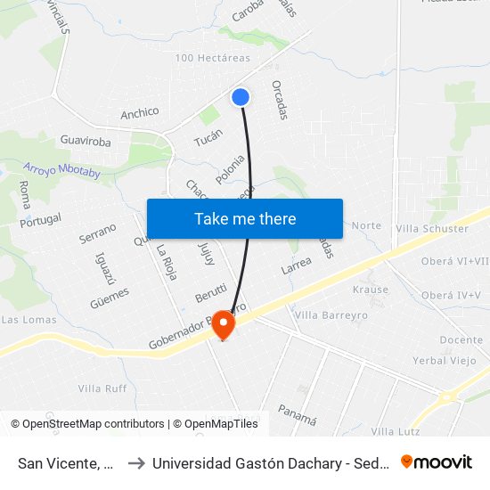 San Vicente, 152a to Universidad Gastón Dachary - Sede Oberá map