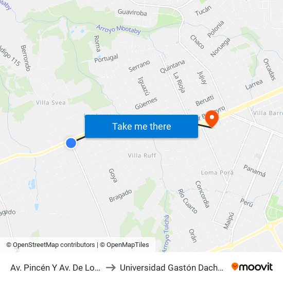 Av. Pincén Y Av. De Los Inmigrantes to Universidad Gastón Dachary - Sede Oberá map