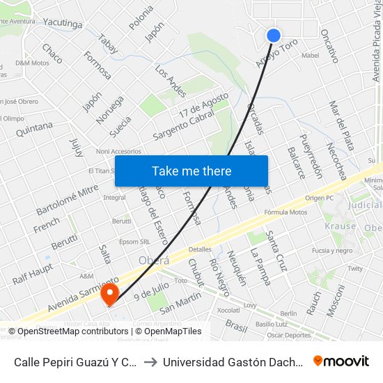 Calle Pepiri Guazú Y Calle Necochea to Universidad Gastón Dachary - Sede Oberá map