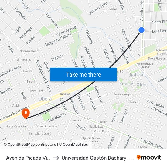 Avenida Picada Vieja, 302 to Universidad Gastón Dachary - Sede Oberá map