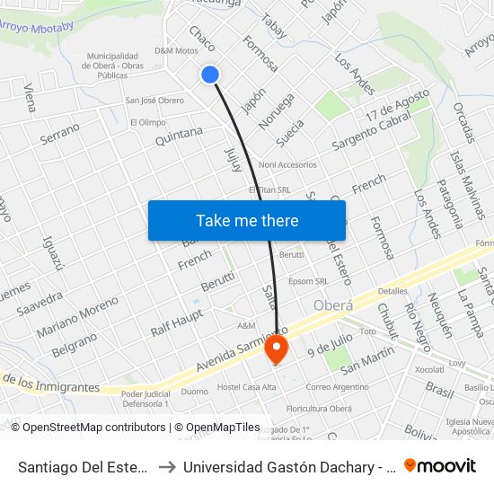 Santiago Del Estero, 1001 to Universidad Gastón Dachary - Sede Oberá map