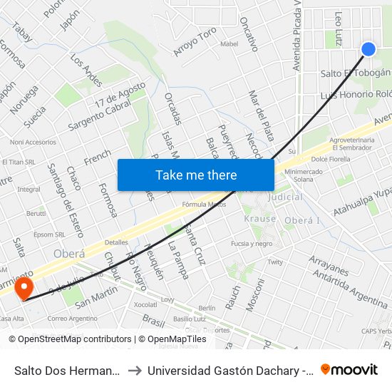 Salto Dos Hermanas, 1120 to Universidad Gastón Dachary - Sede Oberá map