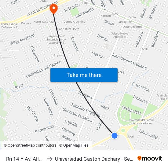 Rn 14 Y Av. Alfonsín to Universidad Gastón Dachary - Sede Oberá map