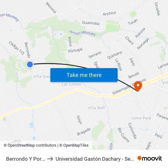 Berrondo Y Portugal to Universidad Gastón Dachary - Sede Oberá map
