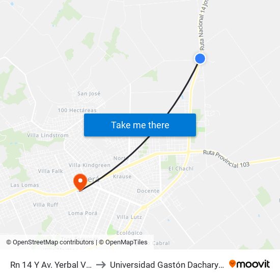 Rn 14 Y Av. Yerbal Viejo Norte to Universidad Gastón Dachary - Sede Oberá map