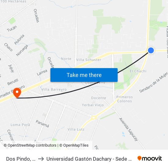 Dos Pindo, 15 to Universidad Gastón Dachary - Sede Oberá map