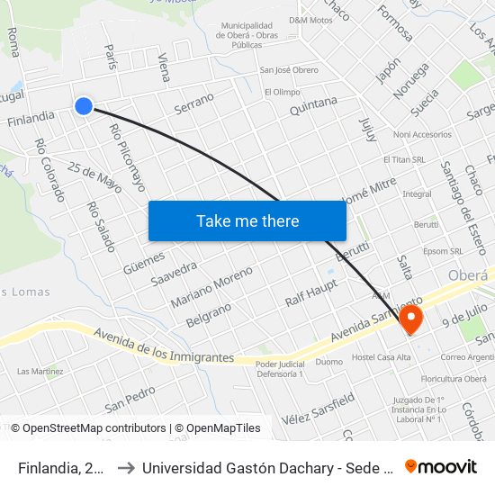 Finlandia, 2219 to Universidad Gastón Dachary - Sede Oberá map