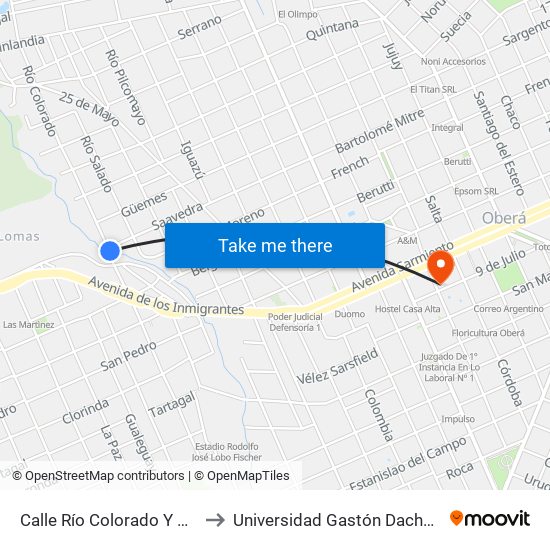 Calle Río Colorado Y Calle Saavedra to Universidad Gastón Dachary - Sede Oberá map