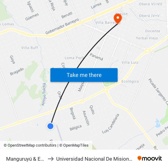 Manguruyú & Estados Unidos to Universidad Nacional De Misiones (Unam) - Regional Oberá map