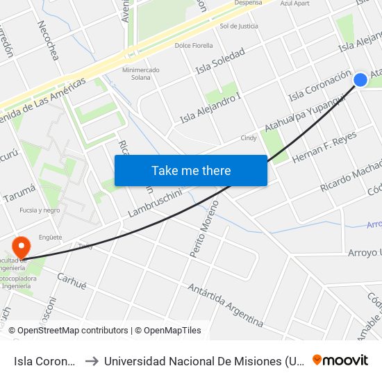 Isla Coronación, 50 to Universidad Nacional De Misiones (Unam) - Regional Oberá map