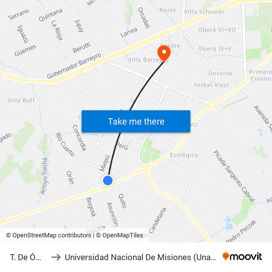 T. De Ómnibus to Universidad Nacional De Misiones (Unam) - Regional Oberá map