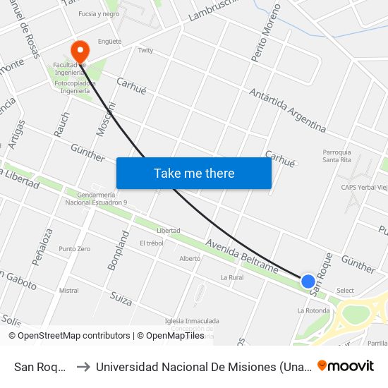 San Roque, 110 to Universidad Nacional De Misiones (Unam) - Regional Oberá map