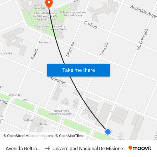 Avenida Beltrame 1054-1100 to Universidad Nacional De Misiones (Unam) - Regional Oberá map