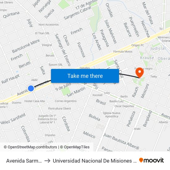 Avenida Sarmiento, 1199 to Universidad Nacional De Misiones (Unam) - Regional Oberá map