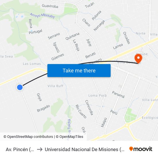 Av. Pincén (Hospital) to Universidad Nacional De Misiones (Unam) - Regional Oberá map