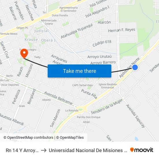 Rn 14 Y Arroyo Fortaleza to Universidad Nacional De Misiones (Unam) - Regional Oberá map