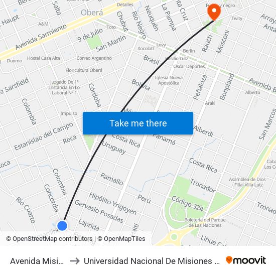 Avenida Misiónes, 1349 to Universidad Nacional De Misiones (Unam) - Regional Oberá map